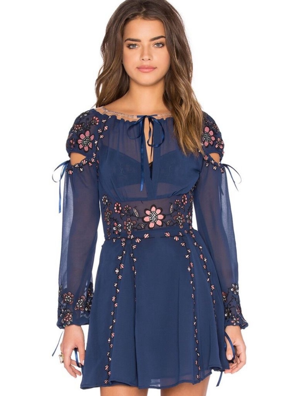 For Love & Lemons Navy Floral Embroidered Off-Shoulder Dress